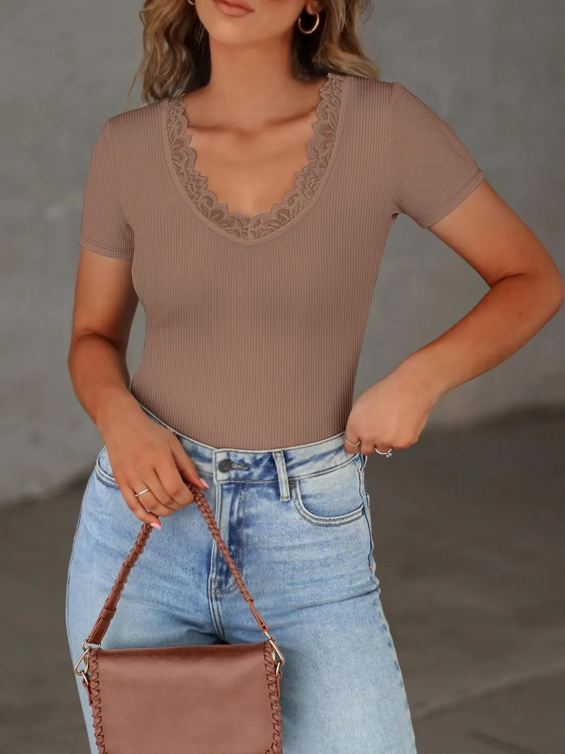 Women Short Sleeve Lace V Neck Shirts Ribbed Knit Fitted Basic Tee Tops Business Dressy Casual Summer Blouses T-Shirt