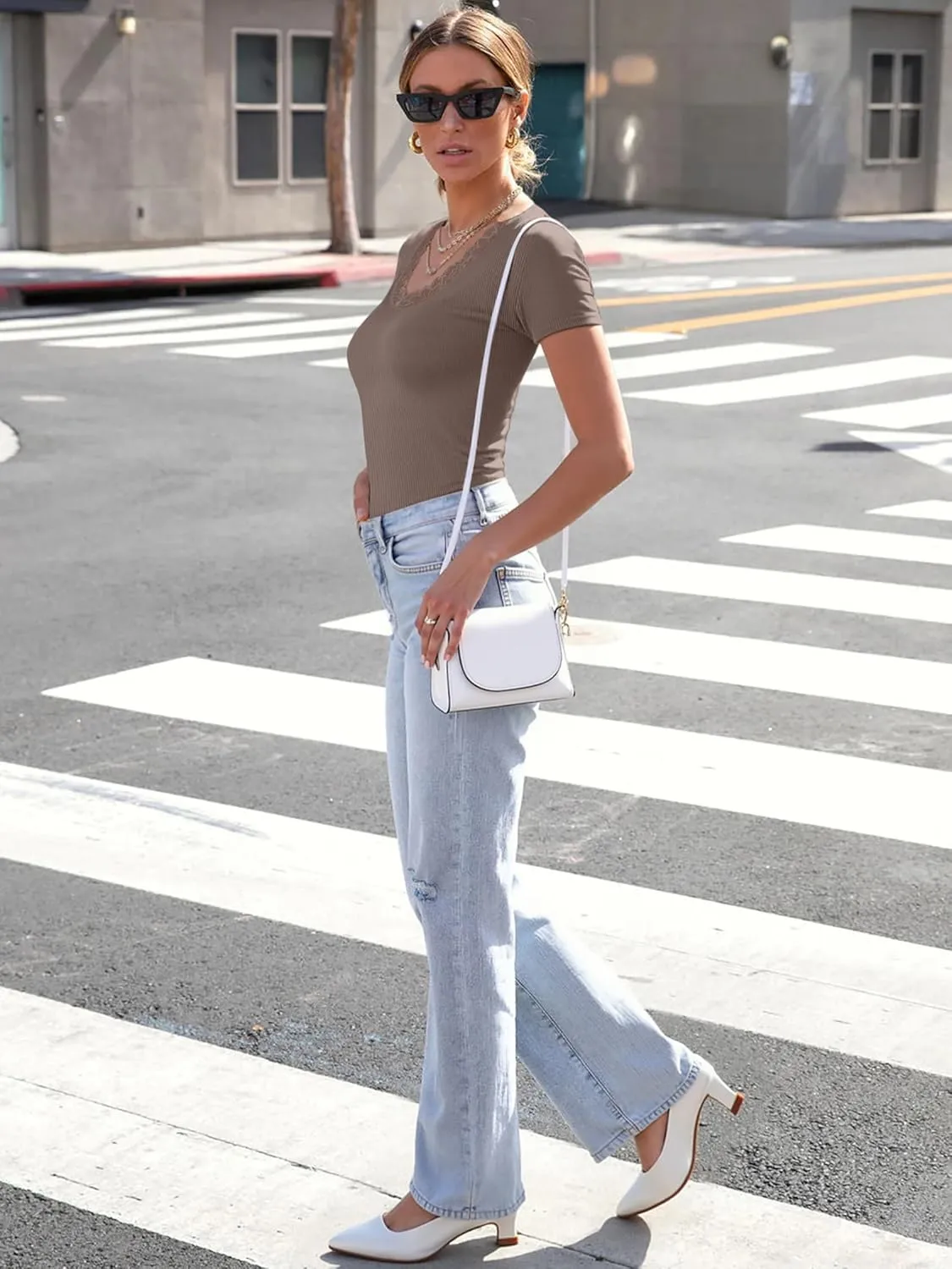 Women Short Sleeve Lace V Neck Shirts Ribbed Knit Fitted Basic Tee Tops Business Dressy Casual Summer Blouses T-Shirt