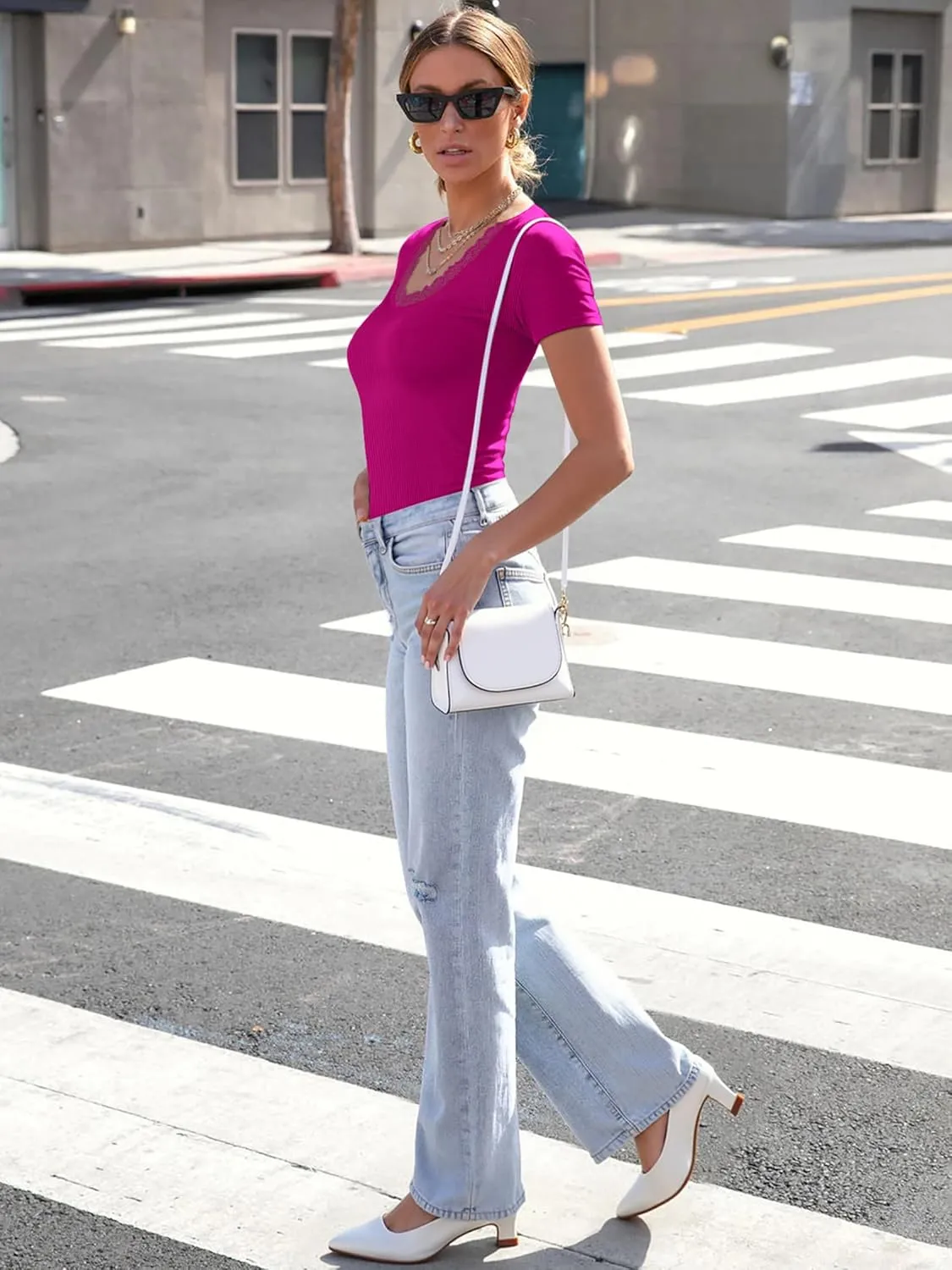 Women Short Sleeve Lace V Neck Shirts Ribbed Knit Fitted Basic Tee Tops Business Dressy Casual Summer Blouses T-Shirt