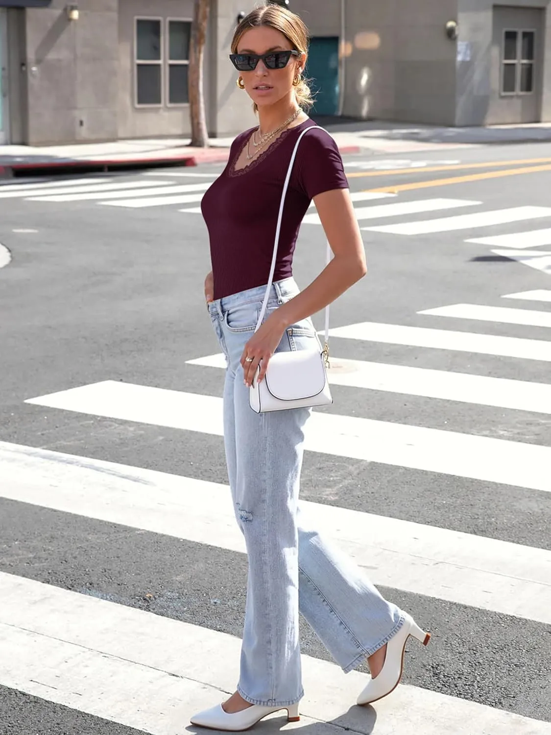 Women Short Sleeve Lace V Neck Shirts Ribbed Knit Fitted Basic Tee Tops Business Dressy Casual Summer Blouses T-Shirt
