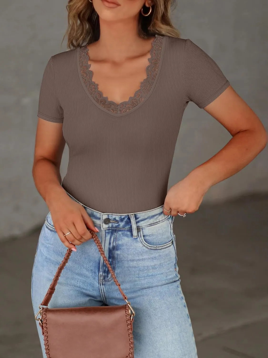 Women Short Sleeve Lace V Neck Shirts Ribbed Knit Fitted Basic Tee Tops Business Dressy Casual Summer Blouses T-Shirt