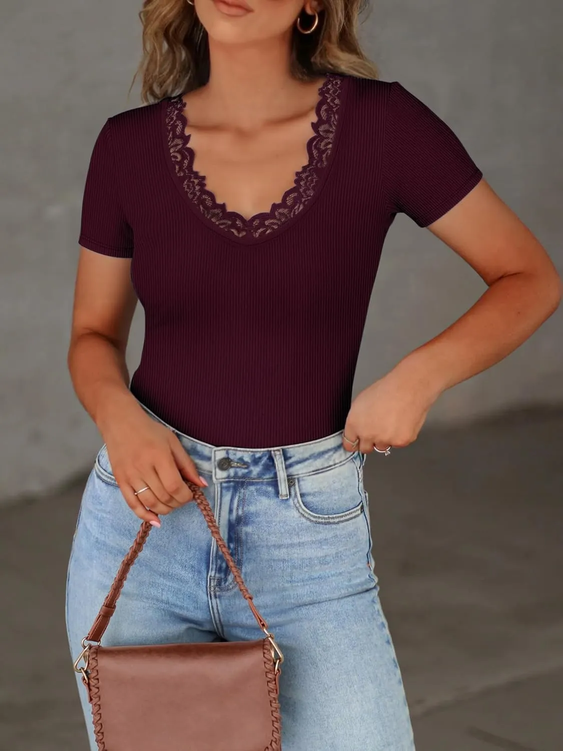 Women Short Sleeve Lace V Neck Shirts Ribbed Knit Fitted Basic Tee Tops Business Dressy Casual Summer Blouses T-Shirt