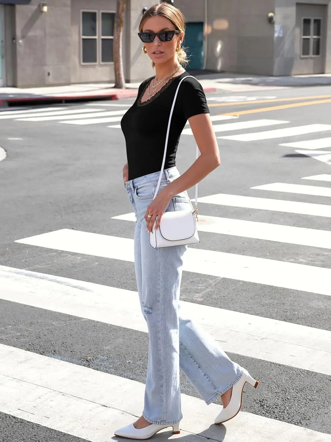 Women Short Sleeve Lace V Neck Shirts Ribbed Knit Fitted Basic Tee Tops Business Dressy Casual Summer Blouses T-Shirt