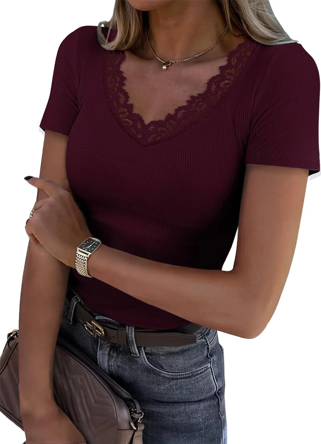 Women Short Sleeve Lace V Neck Shirts Ribbed Knit Fitted Basic Tee Tops Business Dressy Casual Summer Blouses T-Shirt