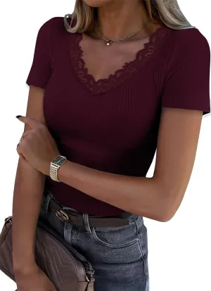 Women Short Sleeve Lace V Neck Shirts Ribbed Knit Fitted Basic Tee Tops Business Dressy Casual Summer Blouses T-Shirt