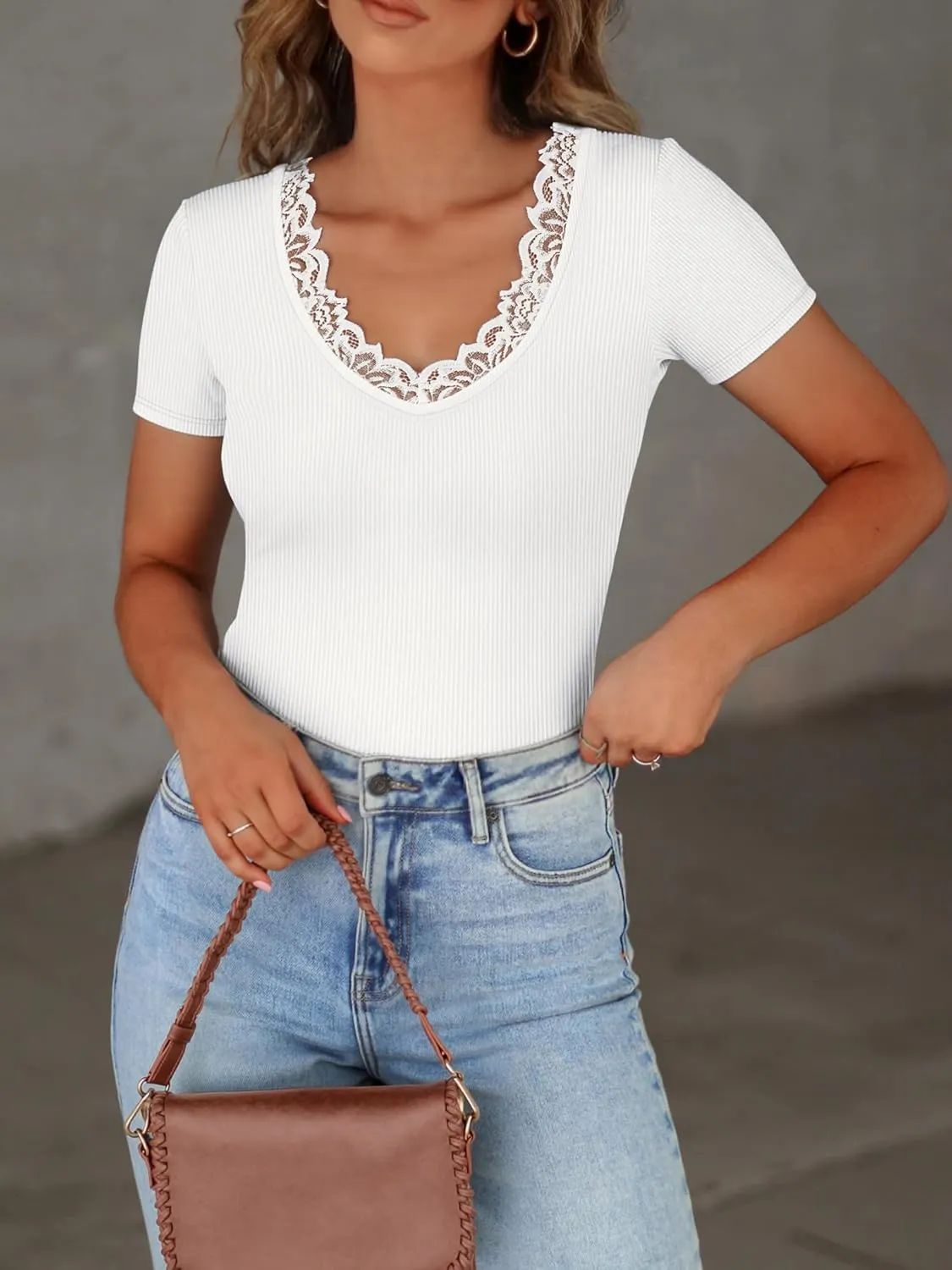 Women Short Sleeve Lace V Neck Shirts Ribbed Knit Fitted Basic Tee Tops Business Dressy Casual Summer Blouses T-Shirt