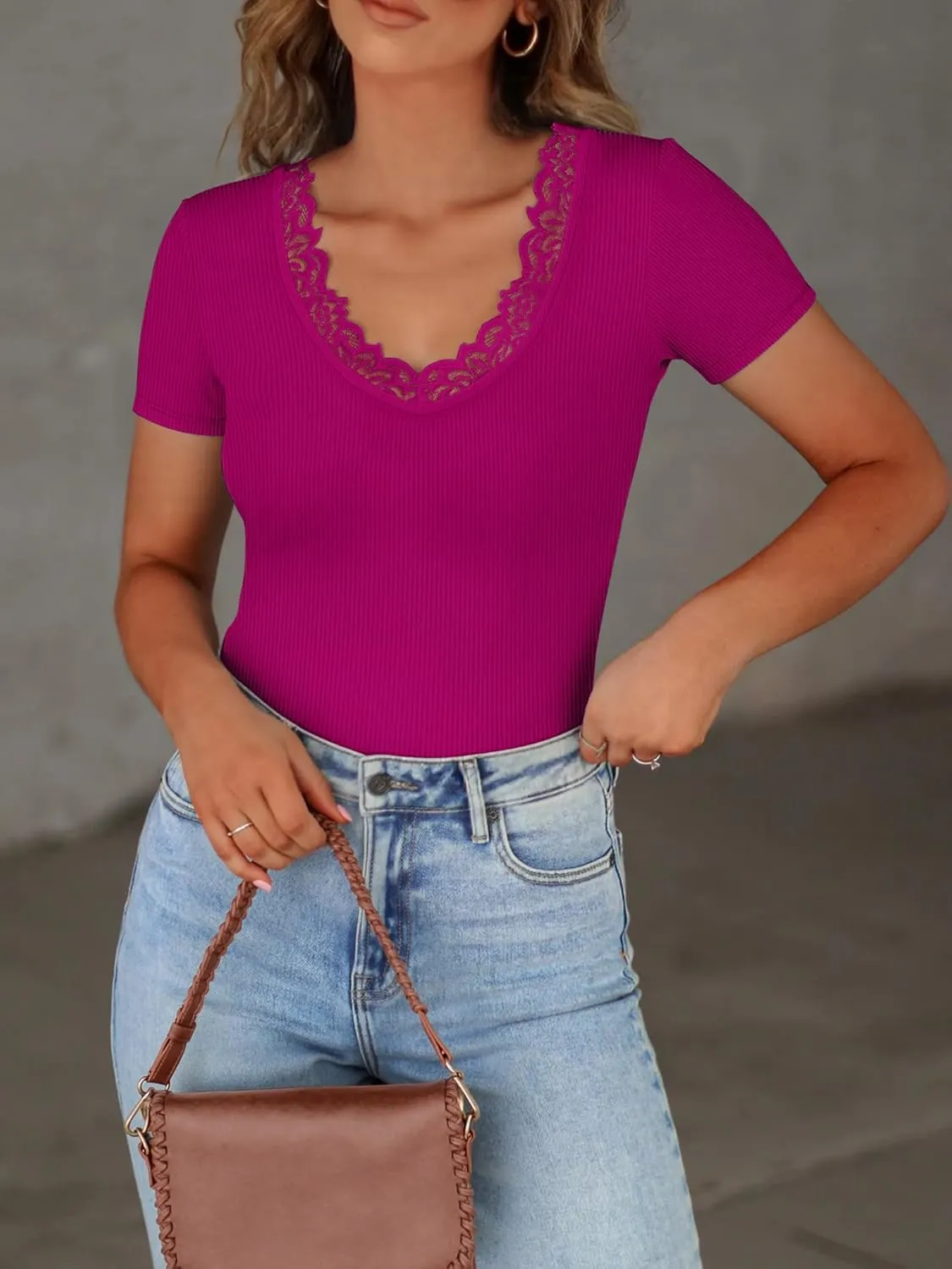 Women Short Sleeve Lace V Neck Shirts Ribbed Knit Fitted Basic Tee Tops Business Dressy Casual Summer Blouses T-Shirt