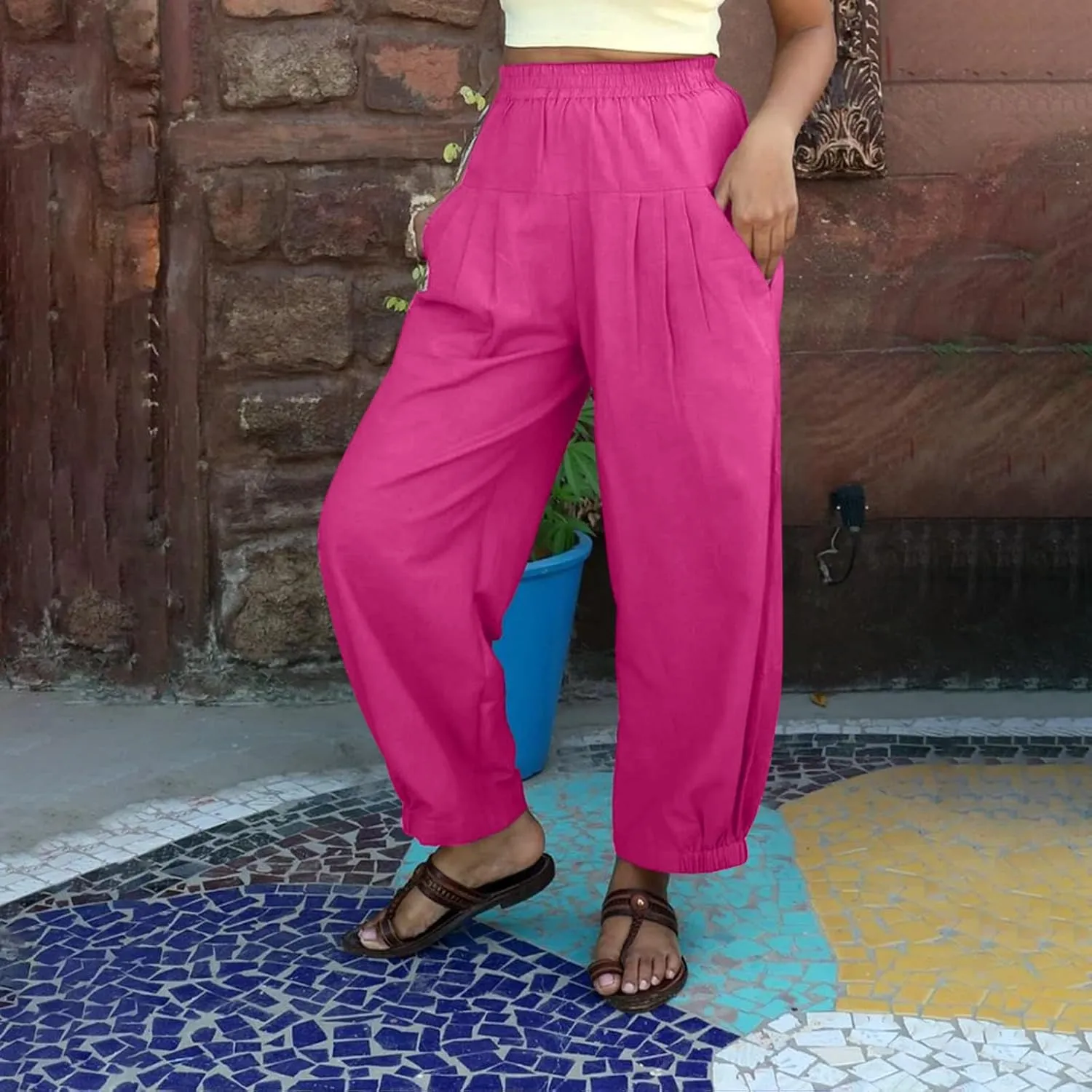 Women Summer High Waisted Haren Pant Trendy Casual Cotton Linen Pants Wide Leg Long Lounge Trouser with Pockets Outfit