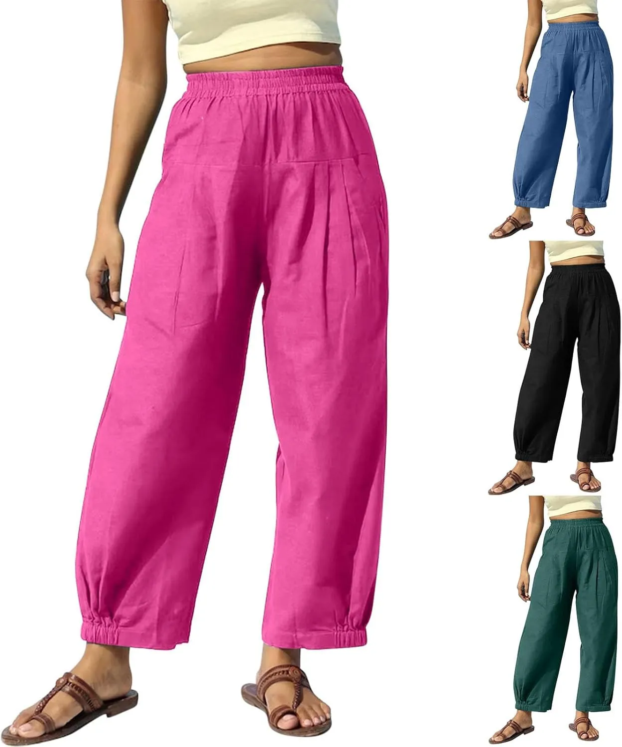 Women Summer High Waisted Haren Pant Trendy Casual Cotton Linen Pants Wide Leg Long Lounge Trouser with Pockets Outfit