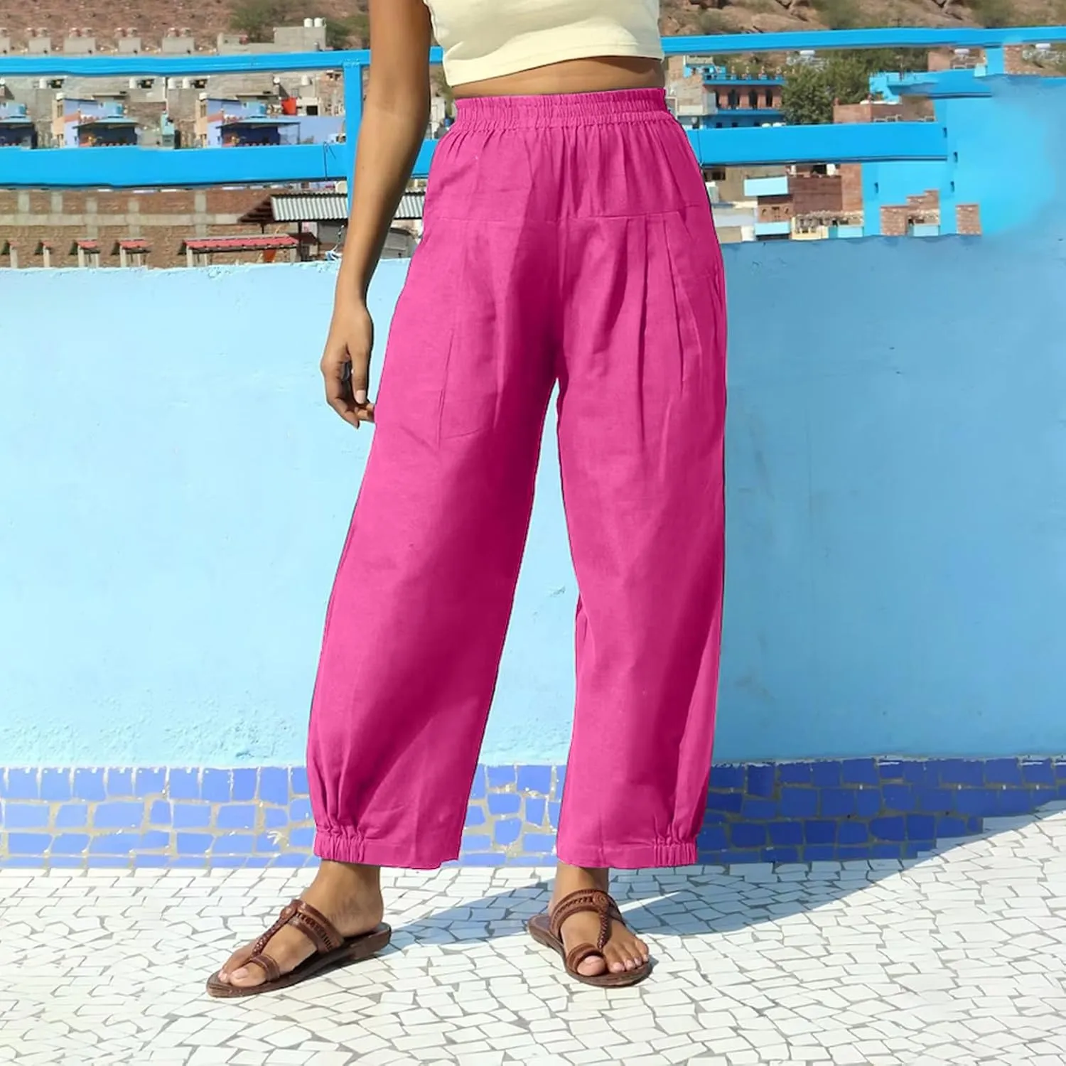 Women Summer High Waisted Haren Pant Trendy Casual Cotton Linen Pants Wide Leg Long Lounge Trouser with Pockets Outfit
