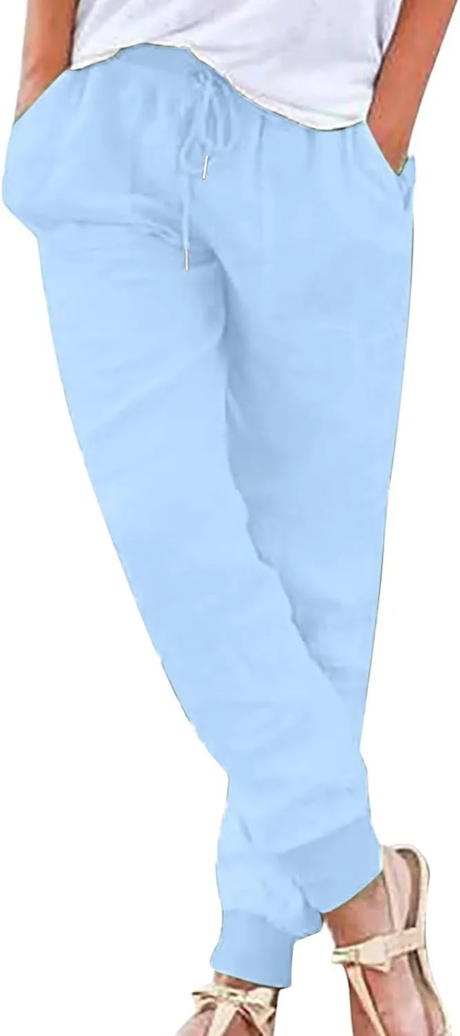 Women Tapered Pant Cotton Linen Drawstring Elastic Waist Pants Summer Casual Classic Petite Trouser Slacks with Pocket