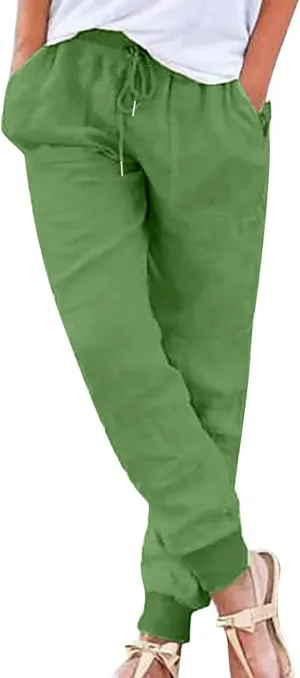 Women Tapered Pant Cotton Linen Drawstring Elastic Waist Pants Summer Casual Classic Petite Trouser Slacks with Pocket