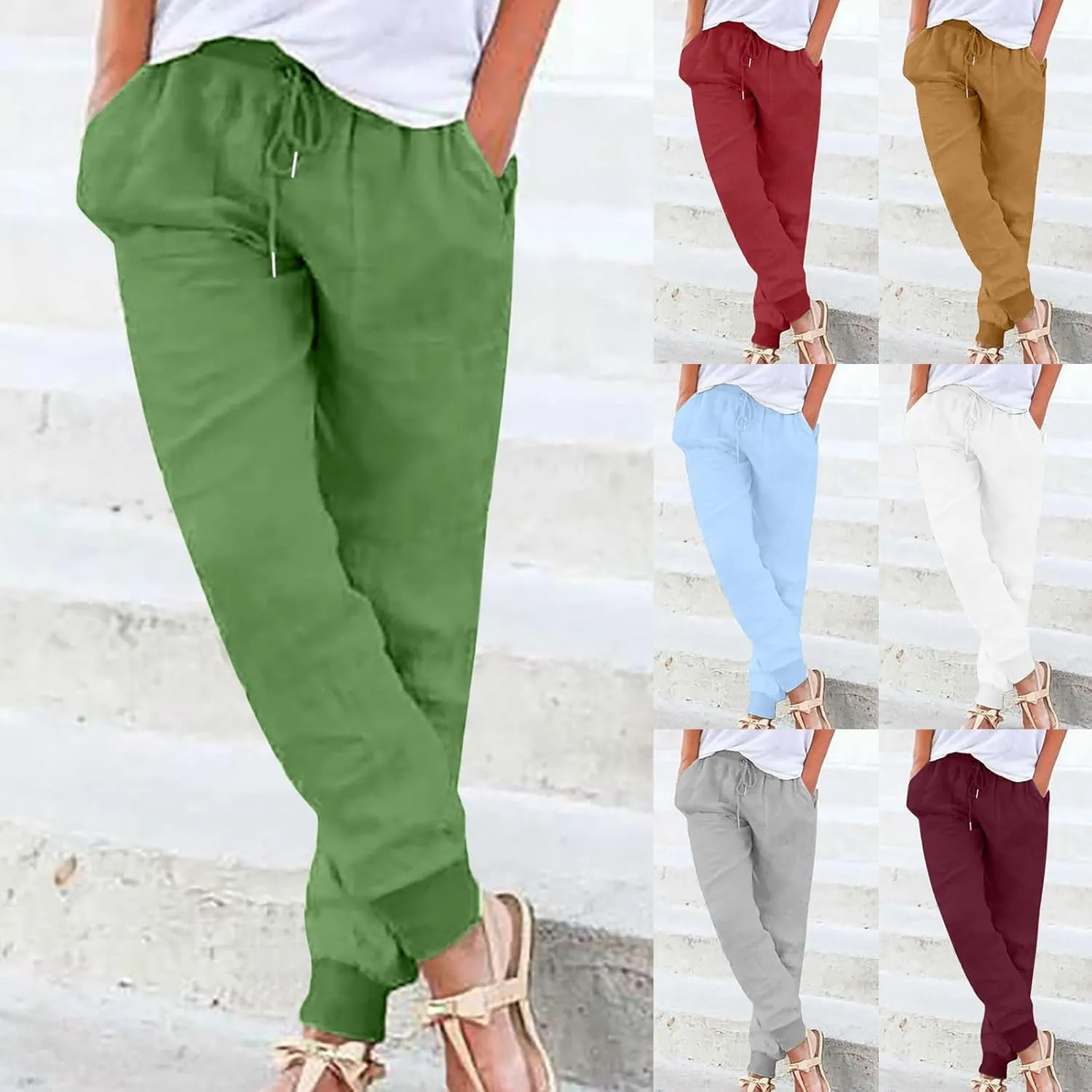 Women Tapered Pant Cotton Linen Drawstring Elastic Waist Pants Summer Casual Classic Petite Trouser Slacks with Pocket