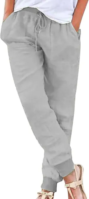 Women Tapered Pant Cotton Linen Drawstring Elastic Waist Pants Summer Casual Classic Petite Trouser Slacks with Pocket