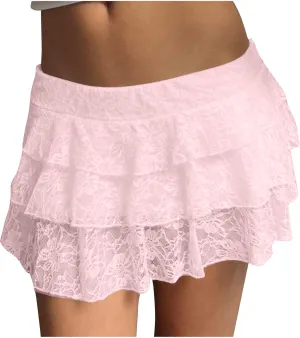 Women Tiered Ruffle Smocked Casual Shorts, Fashion Lace High Waisted Mini Flowy Skort Summer Streetwear Trendy Clothes