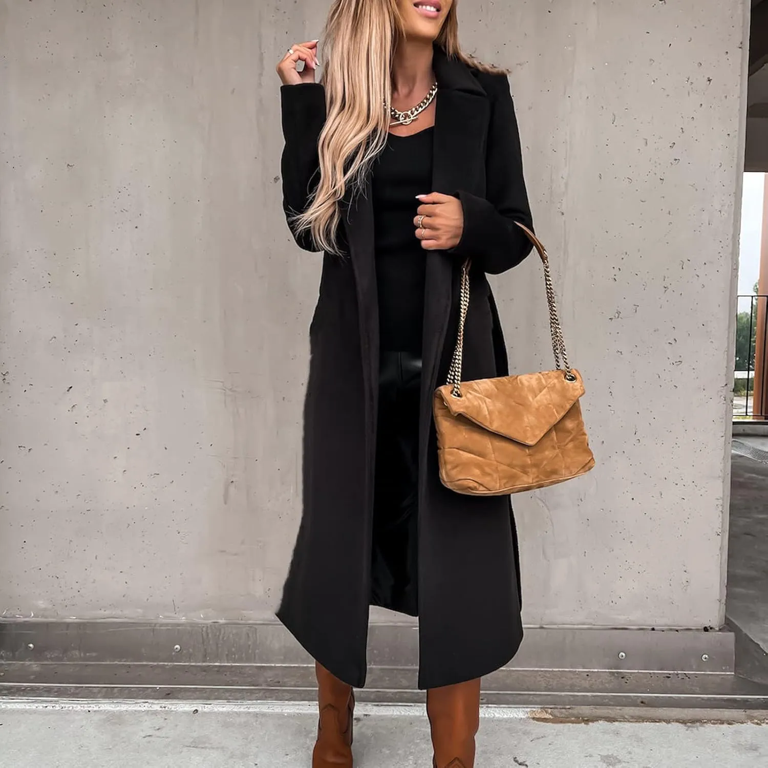 Women Winter Wool Blend Belted Long Pea Coats Notch Lapel Trench Coat Open Front Jacket Cardigan Outwear Overcoat