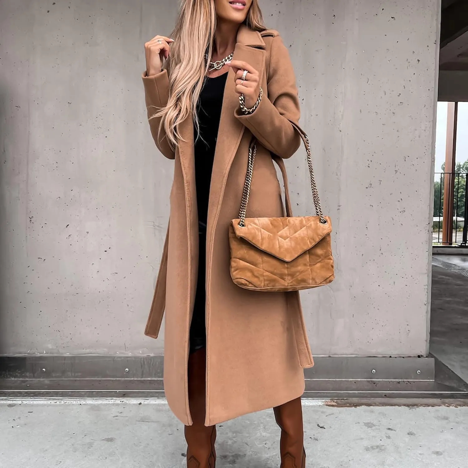 Women Winter Wool Blend Belted Long Pea Coats Notch Lapel Trench Coat Open Front Jacket Cardigan Outwear Overcoat