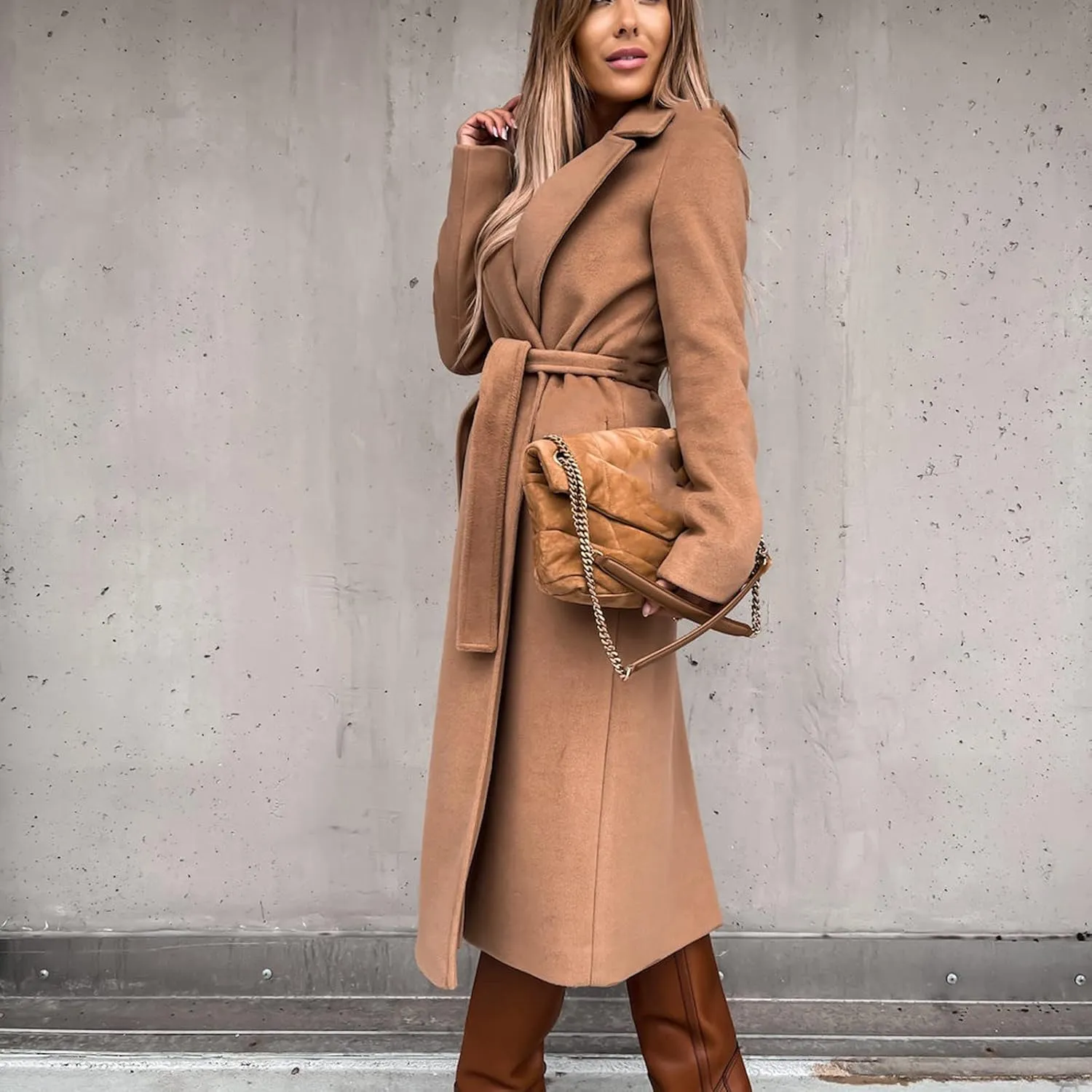 Women Winter Wool Blend Belted Long Pea Coats Notch Lapel Trench Coat Open Front Jacket Cardigan Outwear Overcoat