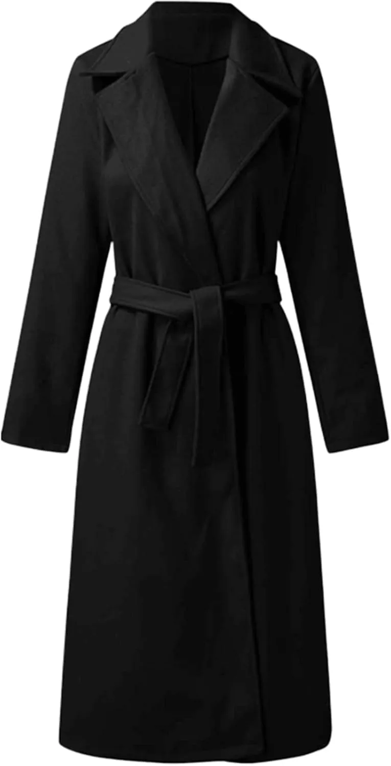 Women Winter Wool Blend Belted Long Pea Coats Notch Lapel Trench Coat Open Front Jacket Cardigan Outwear Overcoat