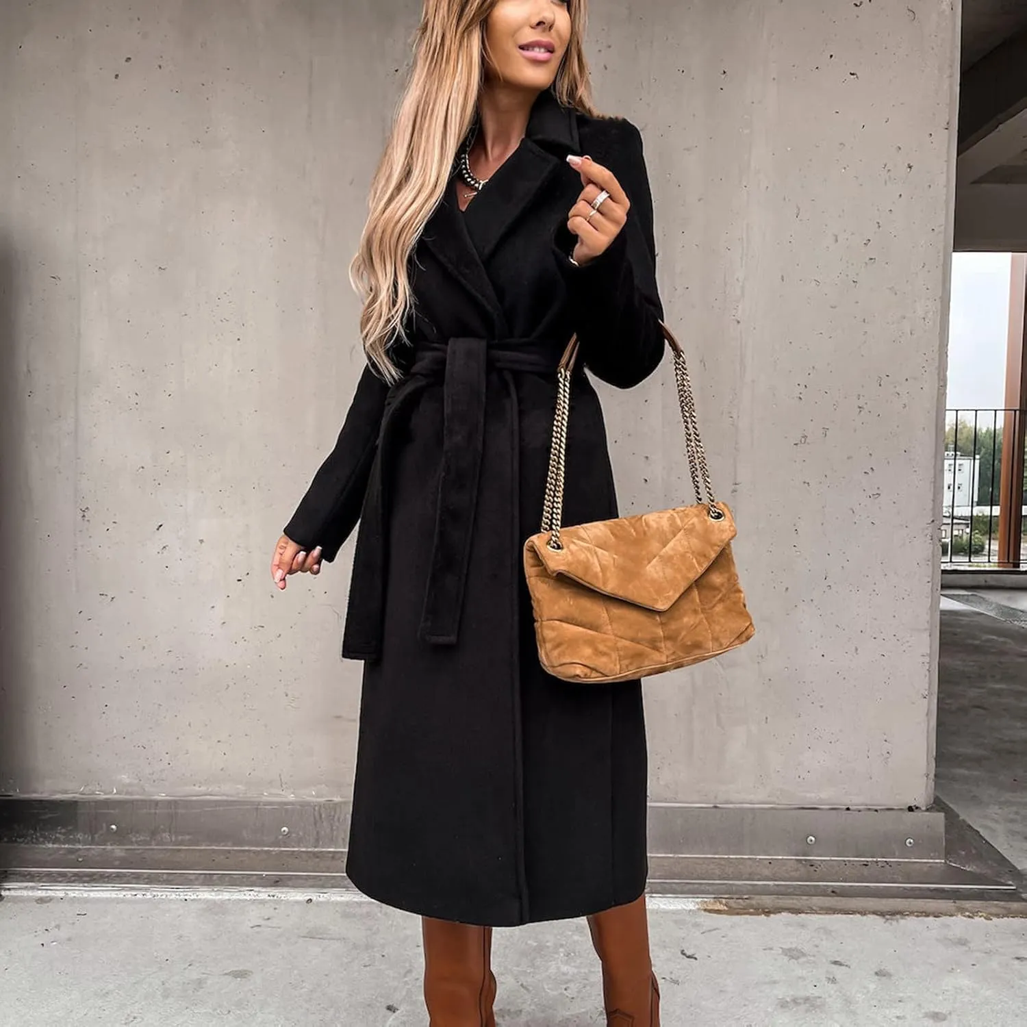 Women Winter Wool Blend Belted Long Pea Coats Notch Lapel Trench Coat Open Front Jacket Cardigan Outwear Overcoat