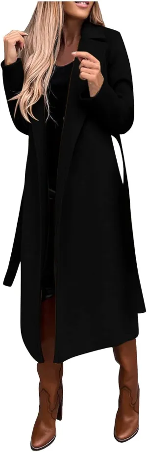 Women Winter Wool Blend Belted Long Pea Coats Notch Lapel Trench Coat Open Front Jacket Cardigan Outwear Overcoat