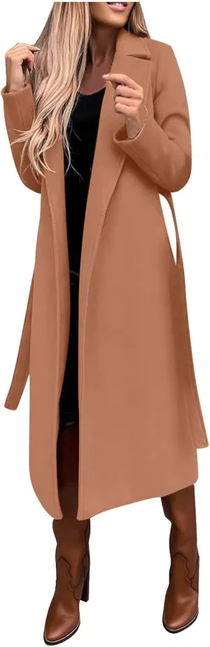 Women Winter Wool Blend Belted Long Pea Coats Notch Lapel Trench Coat Open Front Jacket Cardigan Outwear Overcoat