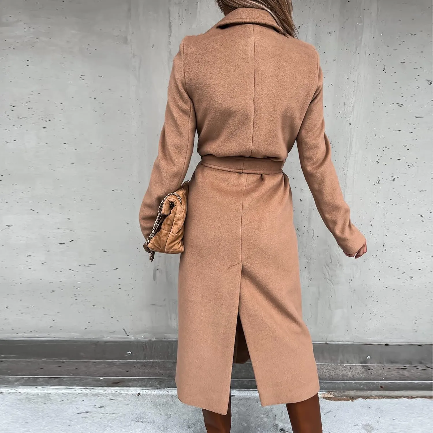 Women Winter Wool Blend Belted Long Pea Coats Notch Lapel Trench Coat Open Front Jacket Cardigan Outwear Overcoat