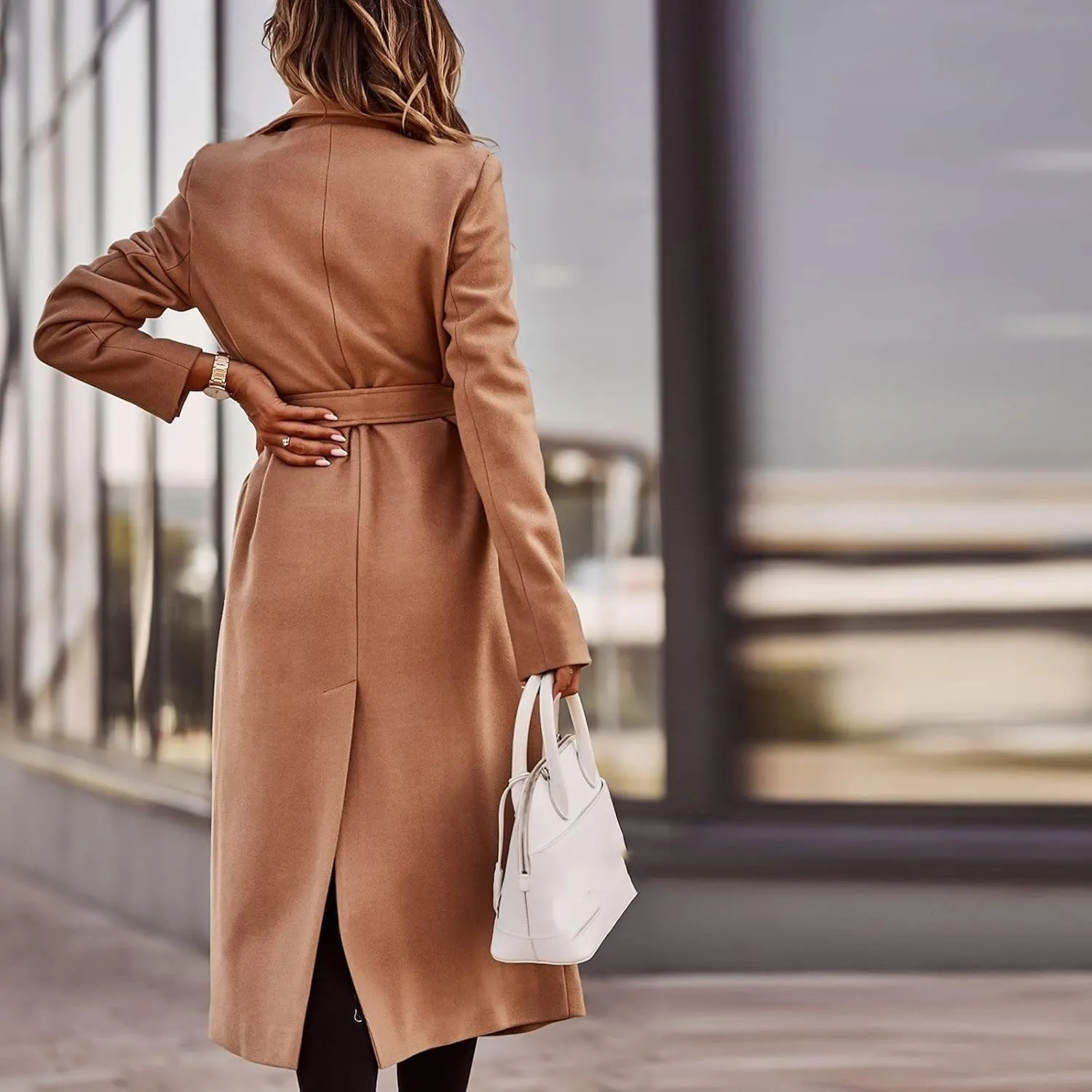 Women Winter Wool Blend Belted Long Pea Coats Notch Lapel Trench Coat Open Front Jacket Cardigan Outwear Overcoat