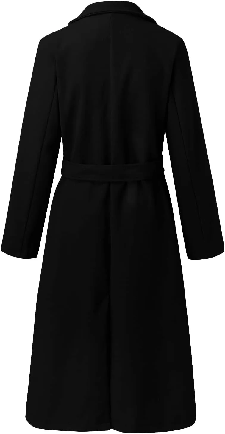 Women Winter Wool Blend Belted Long Pea Coats Notch Lapel Trench Coat Open Front Jacket Cardigan Outwear Overcoat