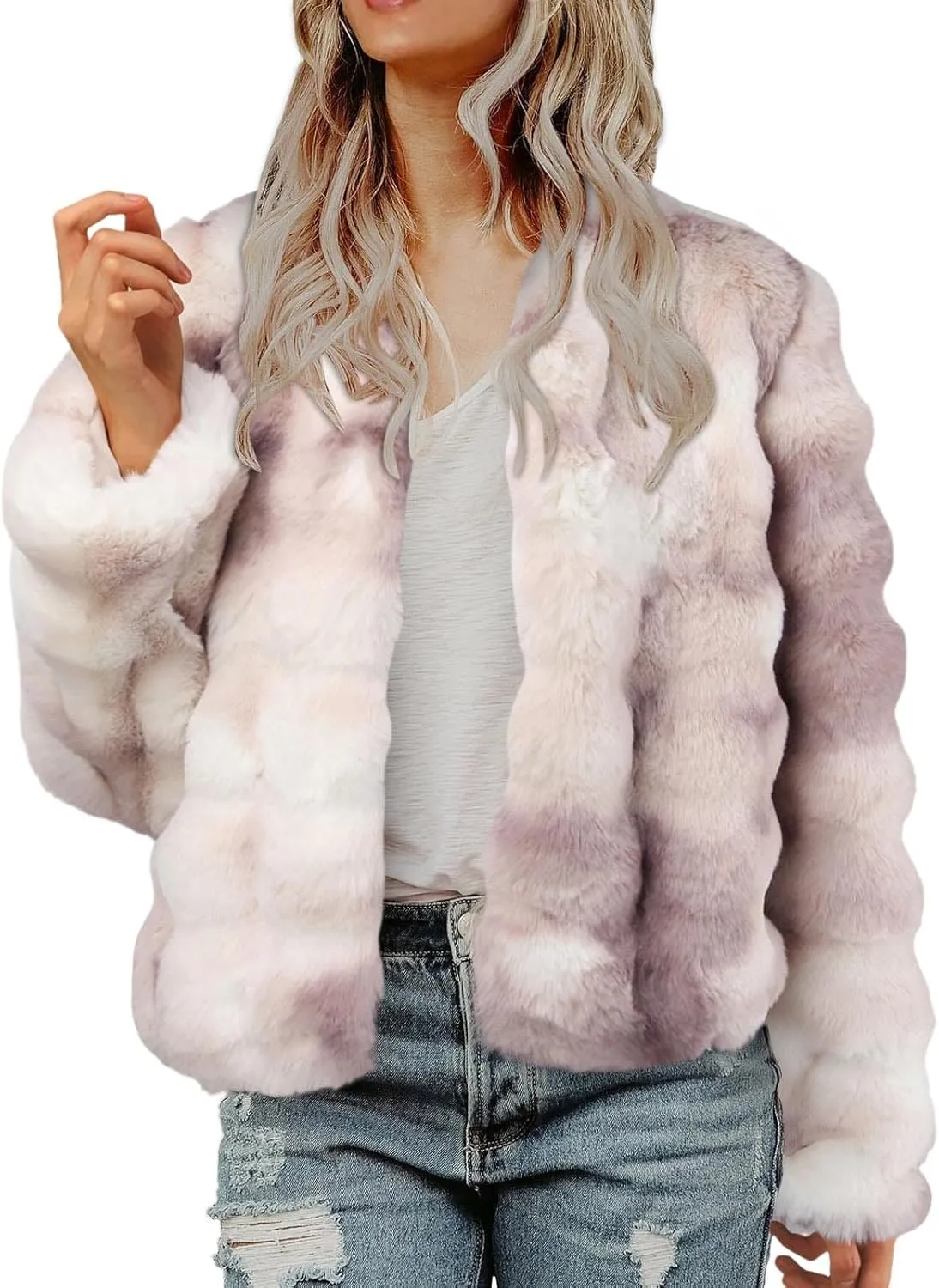 Women's 2024 Winter Coats Fleece Cropped Fuzzy Jacket Long Sleeve Pockets Shaggy Warm Outerwear Soft Clothes