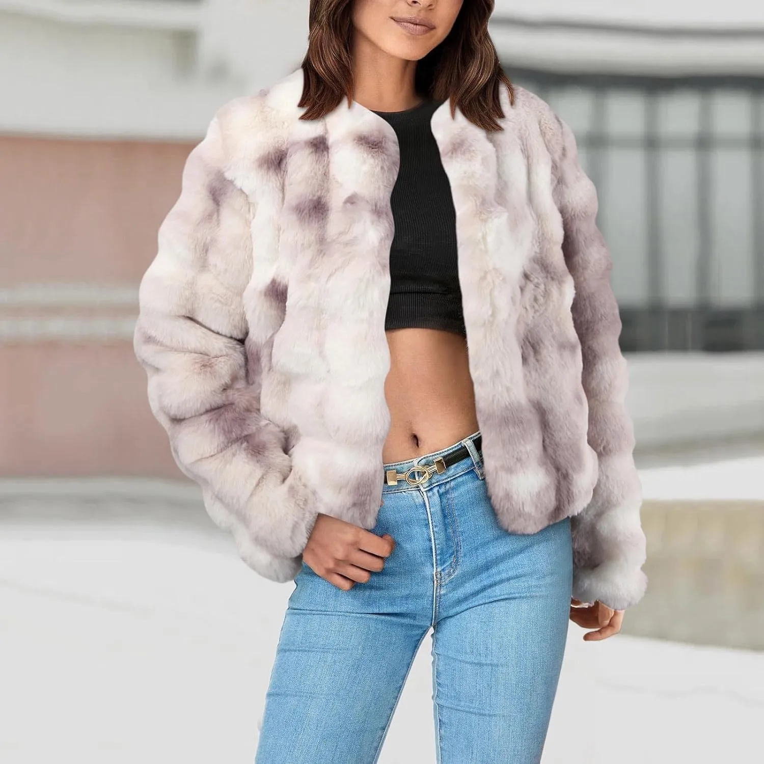 Women's 2024 Winter Coats Fleece Cropped Fuzzy Jacket Long Sleeve Pockets Shaggy Warm Outerwear Soft Clothes