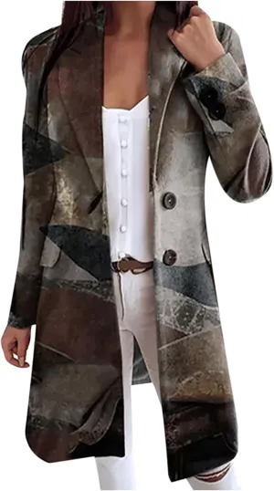 Women's Aztec Peacoat Ethnic Printed Loose Fit Lapel Trench Coat Vintage Casual Single Breasted Wool Blend Overcoat
