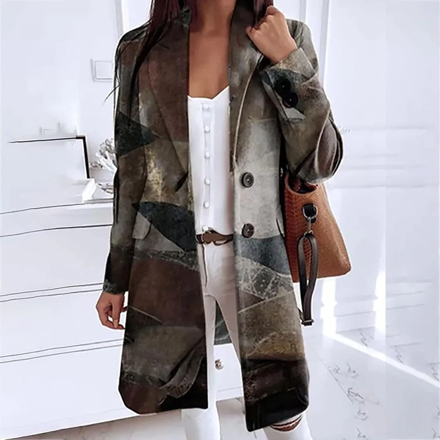 Women's Aztec Peacoat Ethnic Printed Loose Fit Lapel Trench Coat Vintage Casual Single Breasted Wool Blend Overcoat