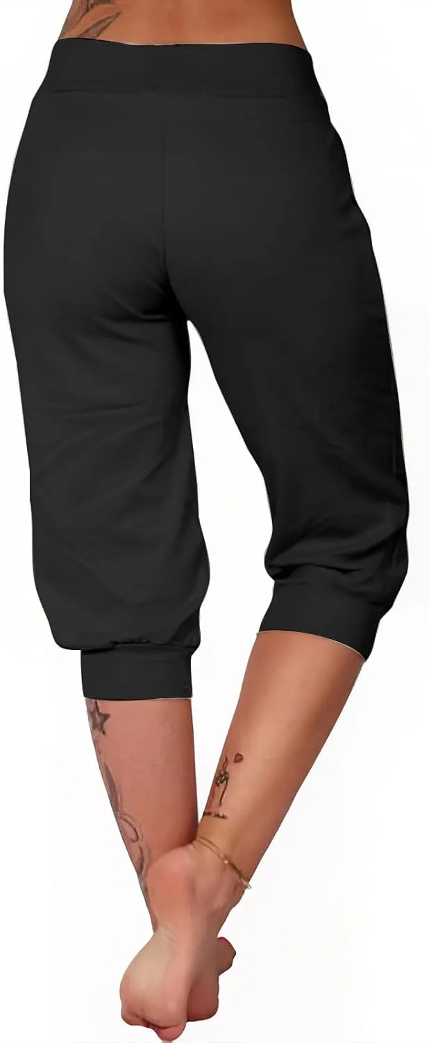 Womens Capri Pants,Womens Capris for Summer,High Waisted Drawstring Yoga Pants Lightweight Joggers with Pockets