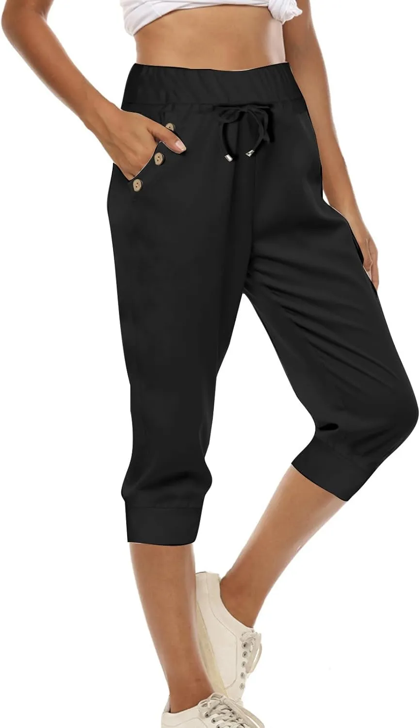 Womens Capri Pants,Womens Capris for Summer,High Waisted Drawstring Yoga Pants Lightweight Joggers with Pockets