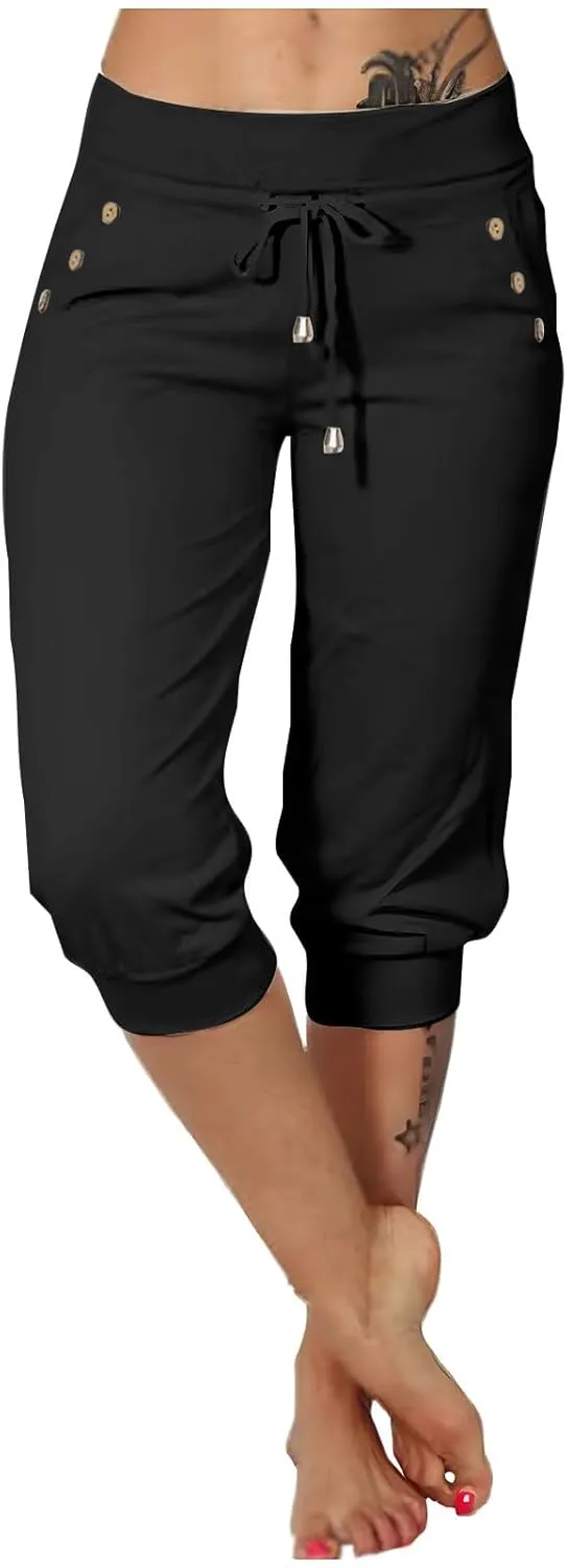 Womens Capri Pants,Womens Capris for Summer,High Waisted Drawstring Yoga Pants Lightweight Joggers with Pockets