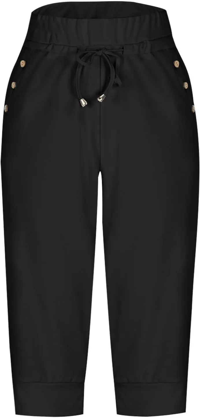 Womens Capri Pants,Womens Capris for Summer,High Waisted Drawstring Yoga Pants Lightweight Joggers with Pockets