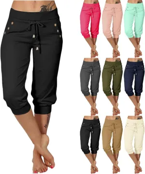 Womens Capri Pants,Womens Capris for Summer,High Waisted Drawstring Yoga Pants Lightweight Joggers with Pockets
