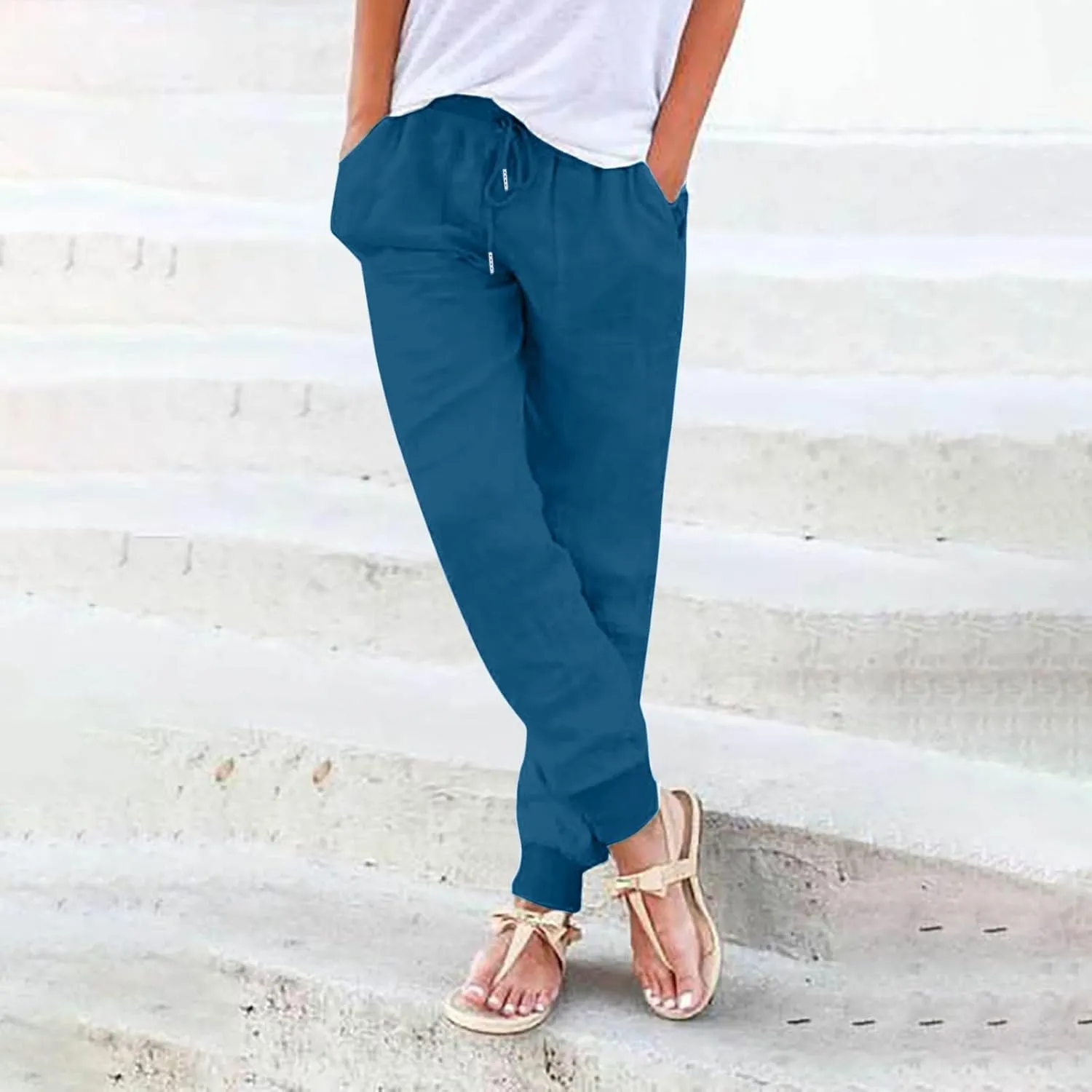 Womens Casual Linen Pants High Waist Drawstring Summer Loose Fit Pants Straight Leg Trousers with Pockets