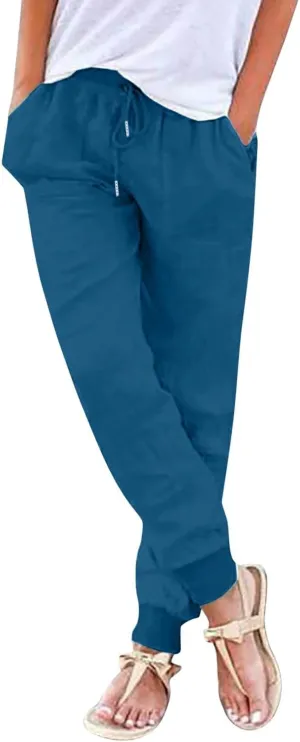 Womens Casual Linen Pants High Waist Drawstring Summer Loose Fit Pants Straight Leg Trousers with Pockets