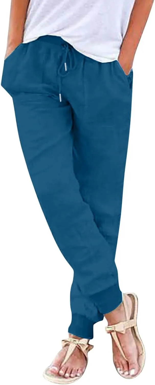 Womens Casual Linen Pants High Waist Drawstring Summer Loose Fit Pants Straight Leg Trousers with Pockets