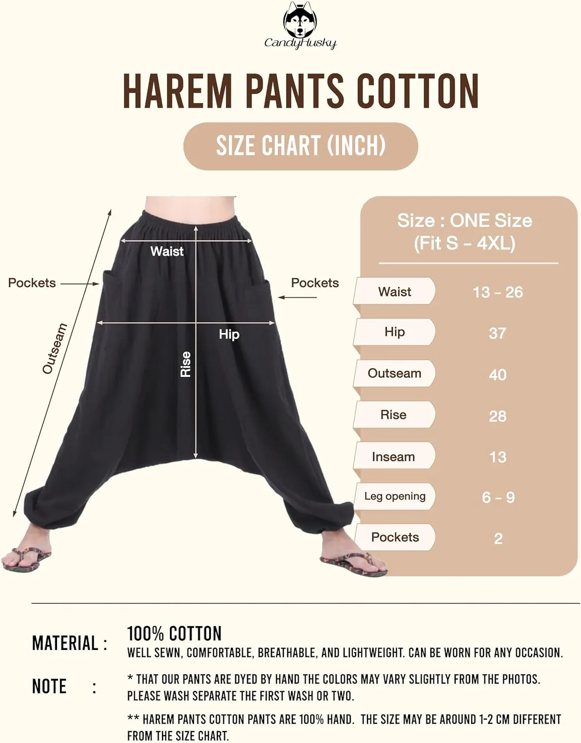 Women's Cotton Harem Pants with Pockets - Casual Elastic Waist Boho Pants, Soft Comfortable Travel & Daily Wear