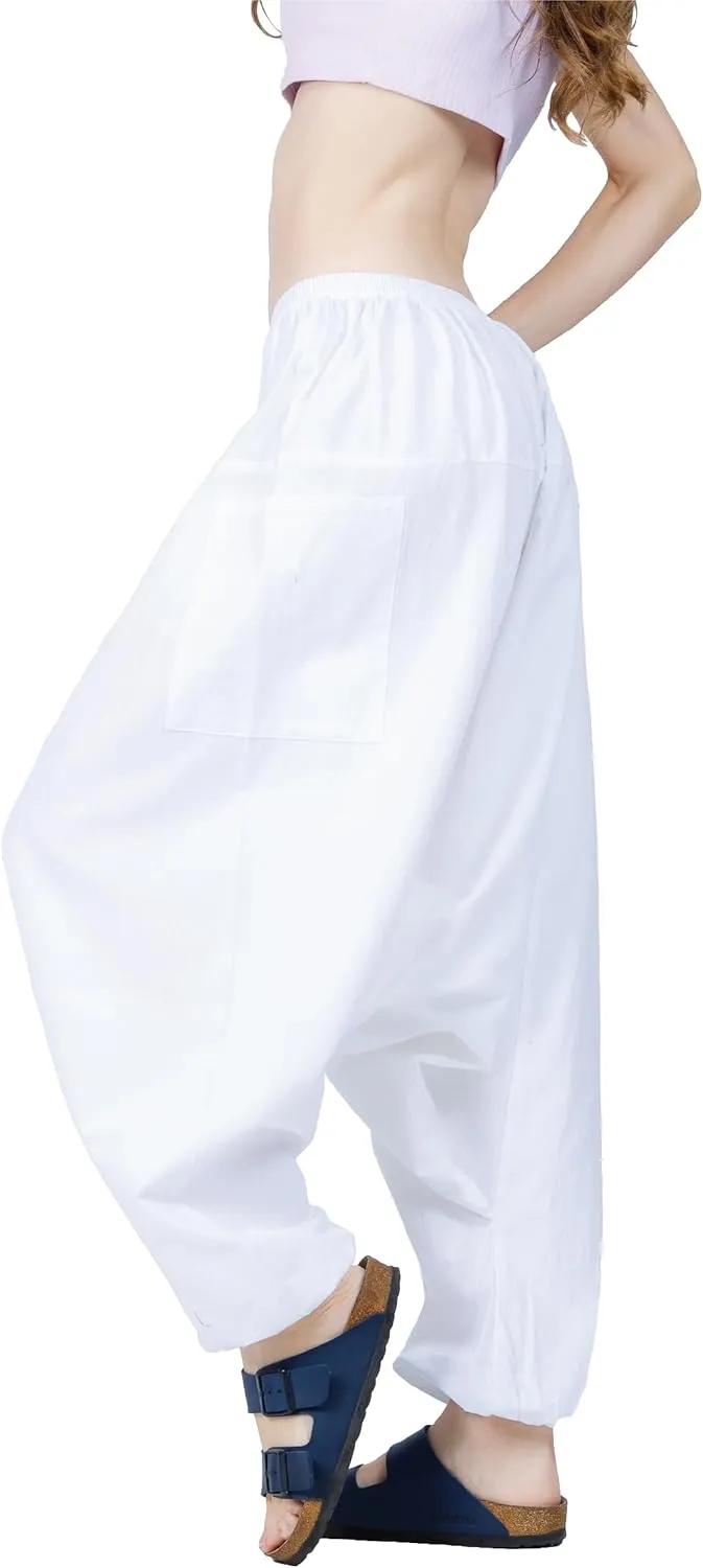 Women's Cotton Harem Pants with Pockets - Casual Elastic Waist Boho Pants, Soft Comfortable Travel & Daily Wear