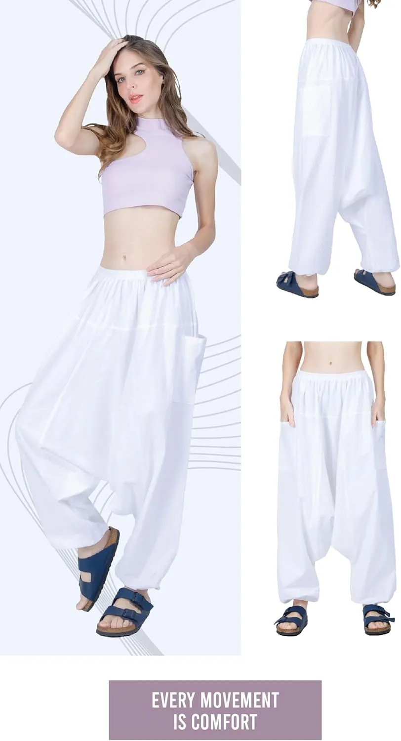 Women's Cotton Harem Pants with Pockets - Casual Elastic Waist Boho Pants, Soft Comfortable Travel & Daily Wear