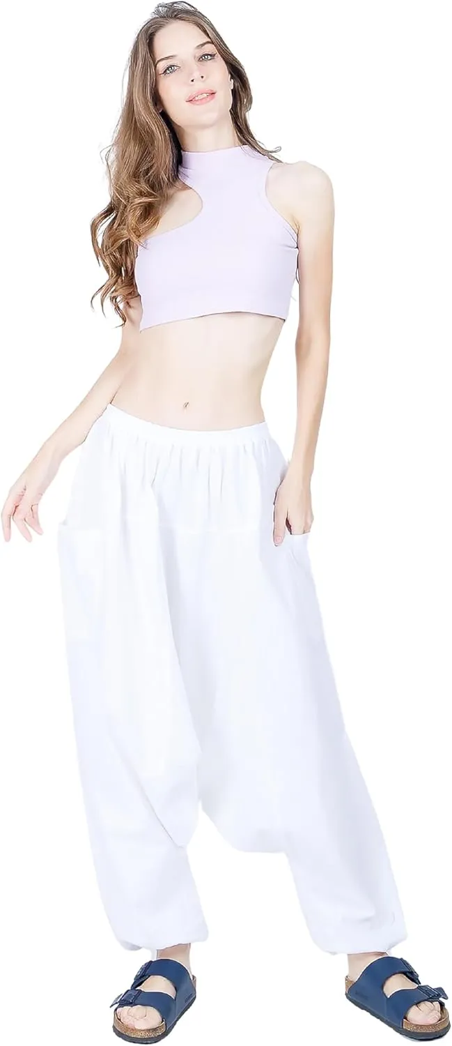 Women's Cotton Harem Pants with Pockets - Casual Elastic Waist Boho Pants, Soft Comfortable Travel & Daily Wear