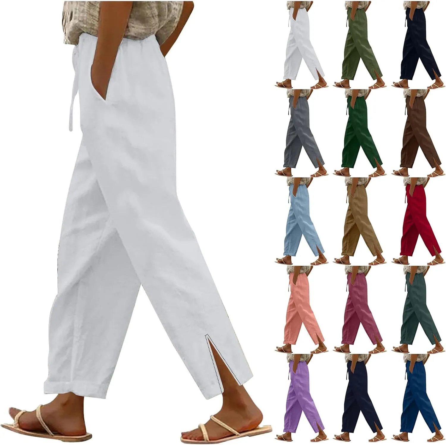 Womens Cotton Linen Cropped Pants Summer High Waist Elastic Straight Leg Lounge Pant Vacation Beach Trousers