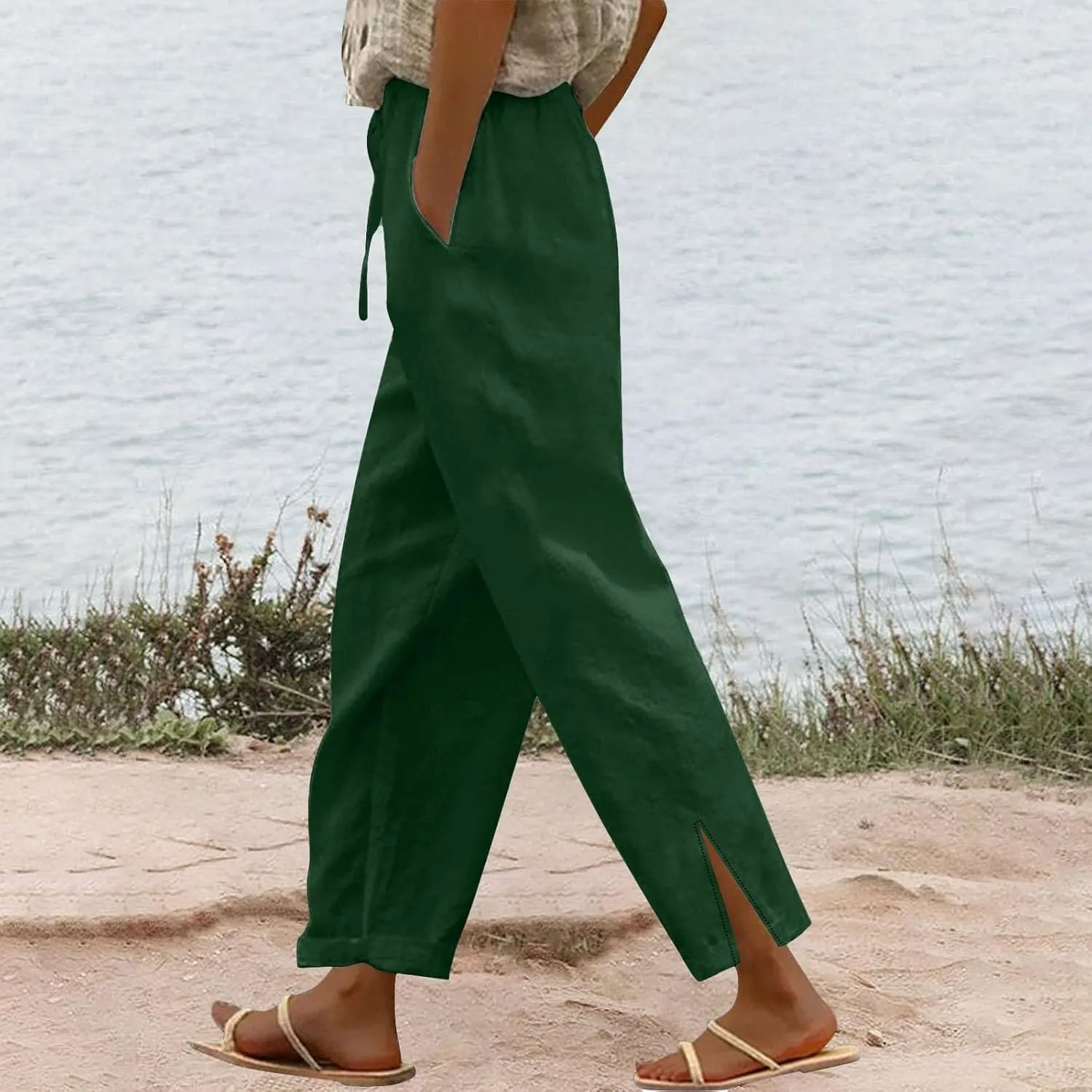 Womens Cotton Linen Cropped Pants Summer High Waist Elastic Straight Leg Lounge Pant Vacation Beach Trousers