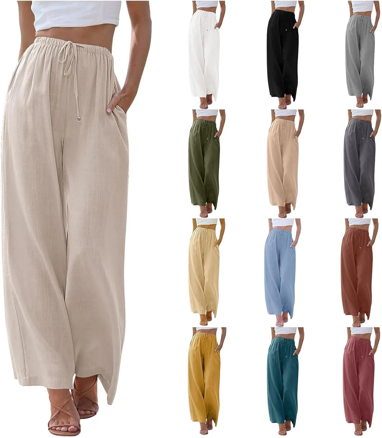 Women's Cotton Linen Summer Palazzo Pants High Waisted Flowy Baggy Wide Leg Beach Trousers Vacation Outfits