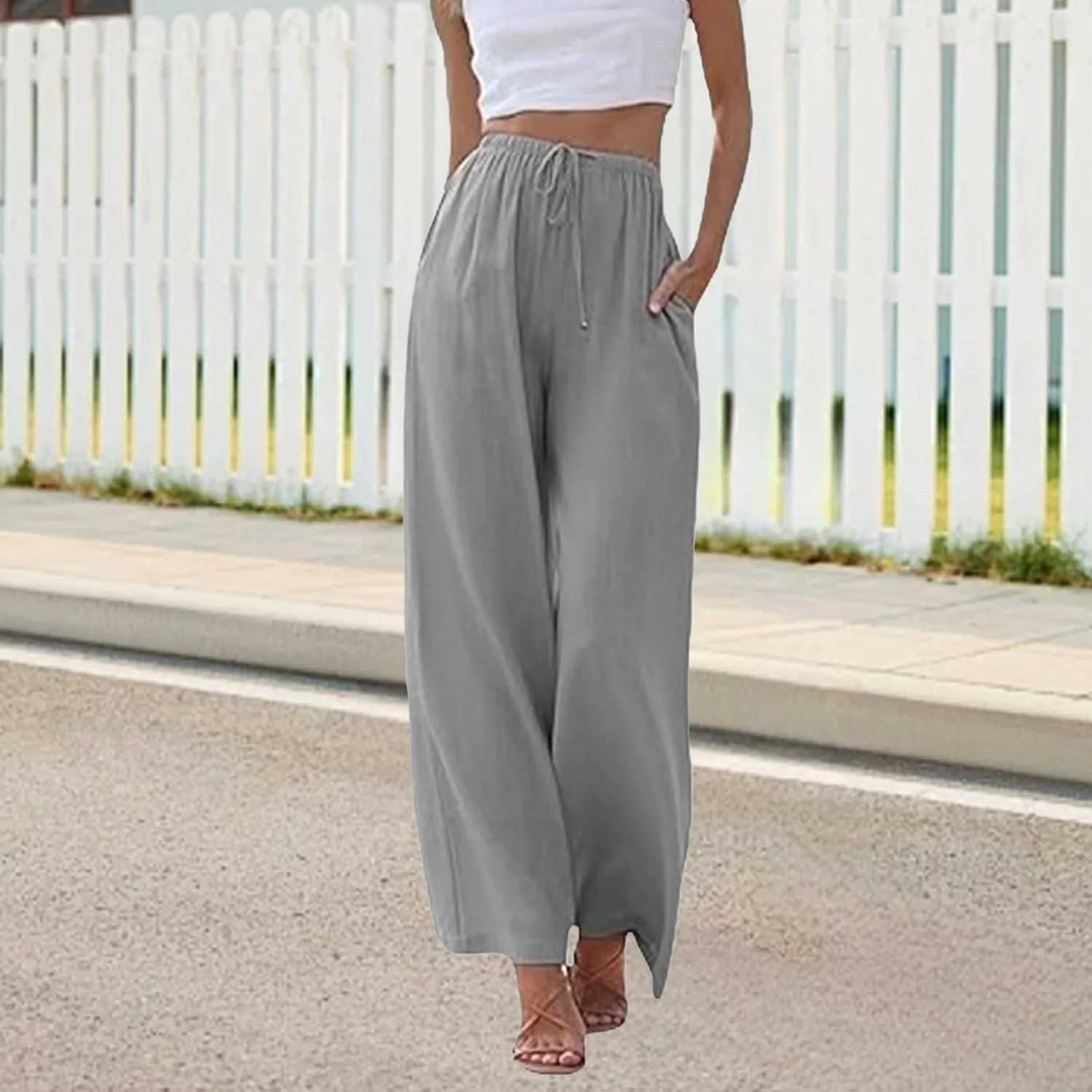Women's Cotton Linen Summer Palazzo Pants High Waisted Flowy Baggy Wide Leg Beach Trousers Vacation Outfits