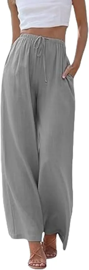 Women's Cotton Linen Summer Palazzo Pants High Waisted Flowy Baggy Wide Leg Beach Trousers Vacation Outfits